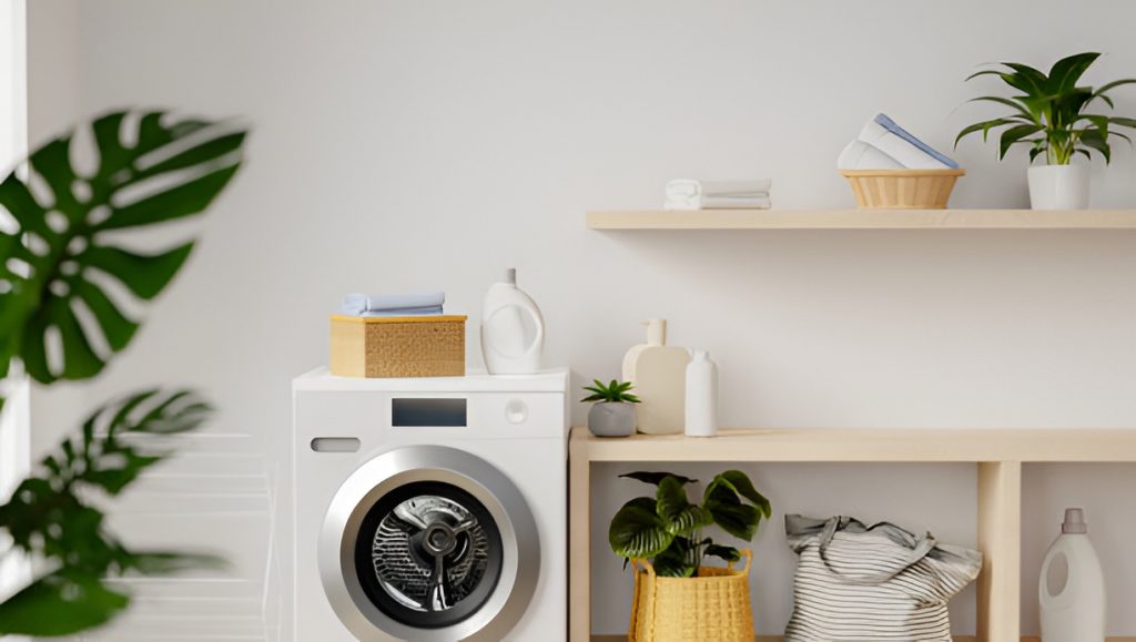 laundry room with a washing machine, a standing shelf, and a floating shelf